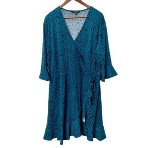 Concepts New York Teal‎ Leopard Print Faux Wrap Dress Plus Size 2X Ruffle Sleeve